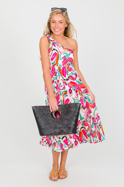 One Shoulder Print Midi, Fuchsia