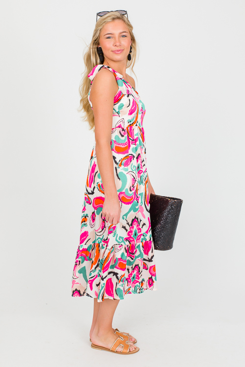 One Shoulder Print Midi, Fuchsia