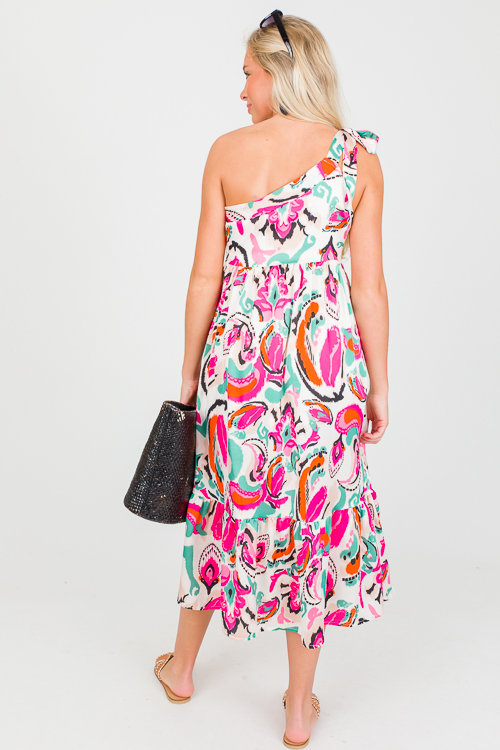 One Shoulder Print Midi, Fuchsia