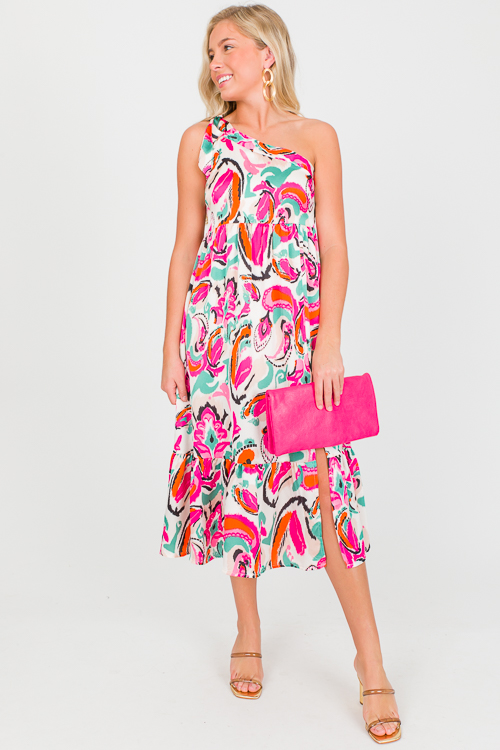 One Shoulder Print Midi, Fuchsia