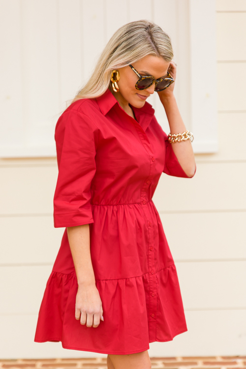 Tami Tiered Shirt Dress, Red