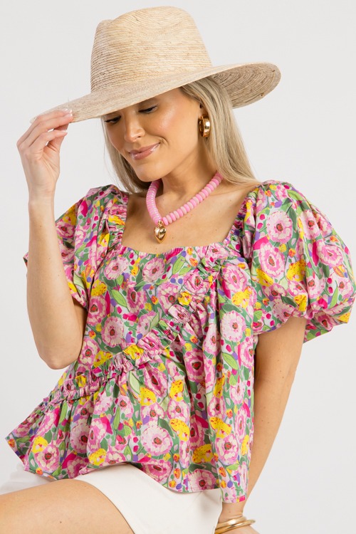 Asymmetric Ruffle Floral Top, Pink