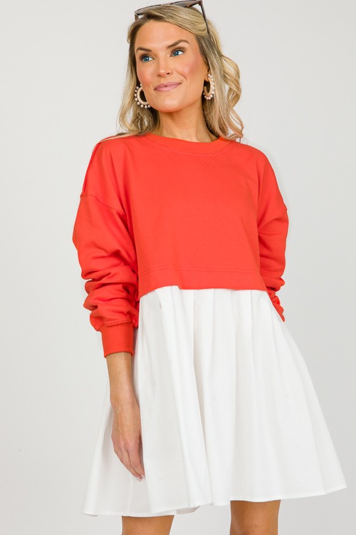 French Terry Contrast Dress, Tomato