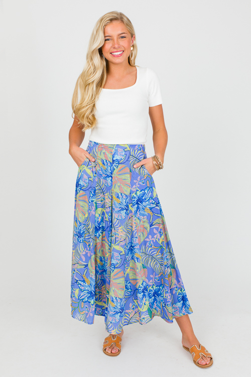 Leaf Print Maxi Skirt, Blue
