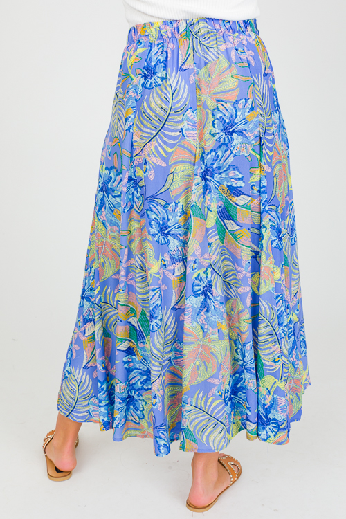 Leaf Print Maxi Skirt, Blue