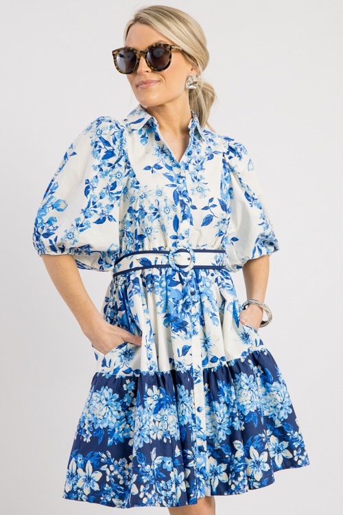 Estelle Floral Dress, White Blue