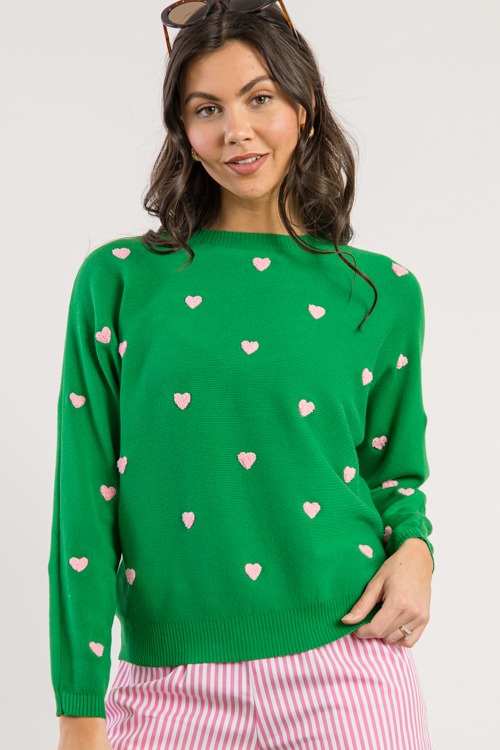 Soft Spot Heart Sweater, Green Pink