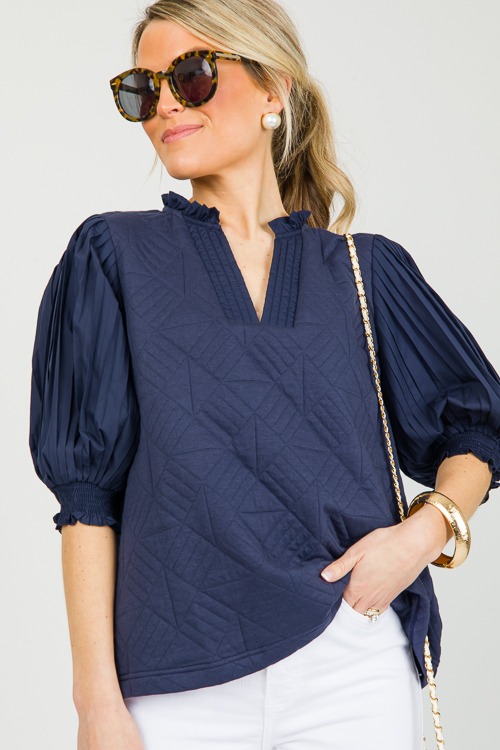 Quilted Pleat Sleeve Top, Navy