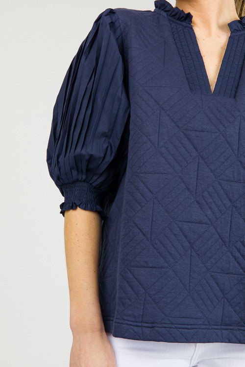 Quilted Pleat Sleeve Top, Navy - 0301-129h.jpg