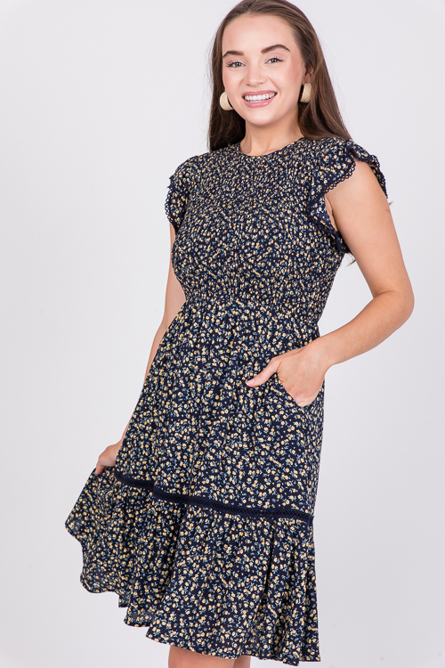 Lace Trim Floral Dress, Navy