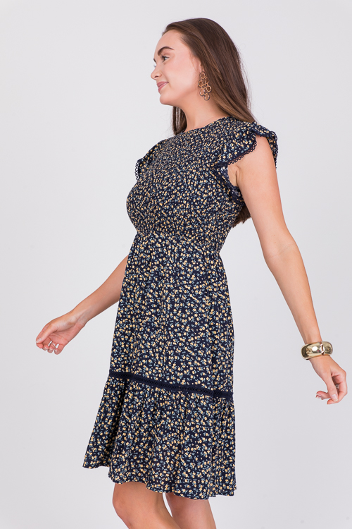 Lace Trim Floral Dress, Navy