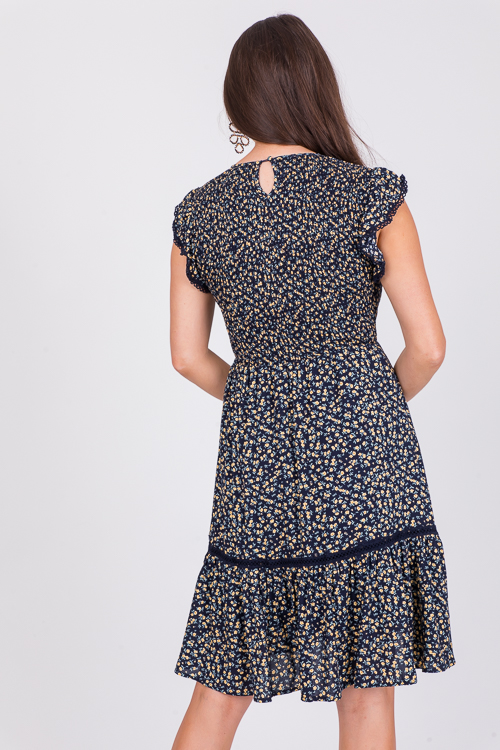 Lace Trim Floral Dress, Navy