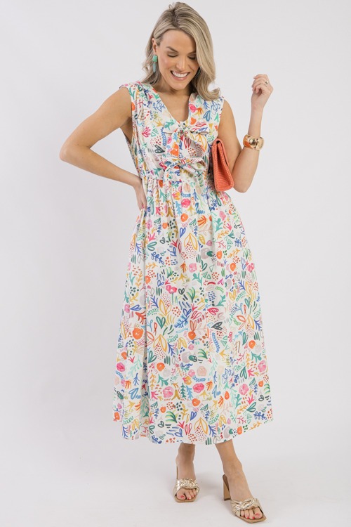 Watercolor Print Bow Midi, White Multi