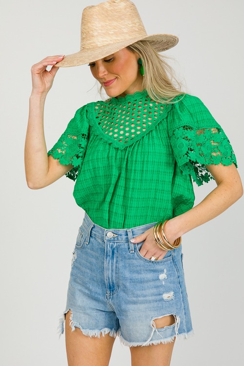 Lace Contrast Check Top, Green - 0304-66p.jpg