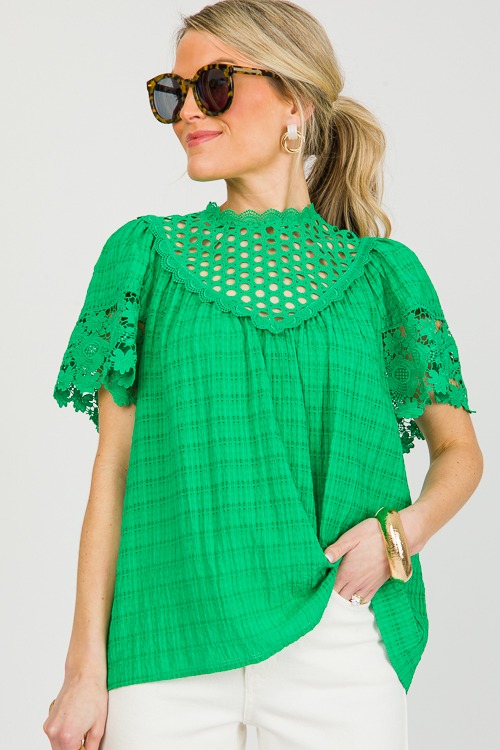 Lace Contrast Check Top, Green - 0304-67h.jpg