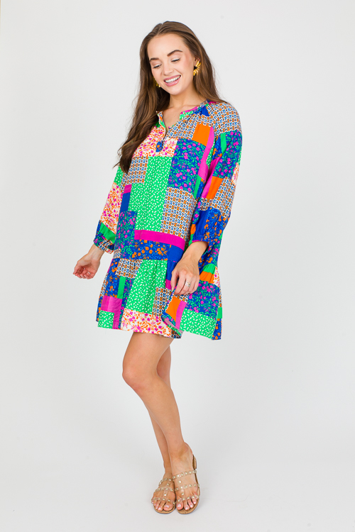 Patchwork Dress, Green/Orange/Blue - SALE - The Blue Door Boutique