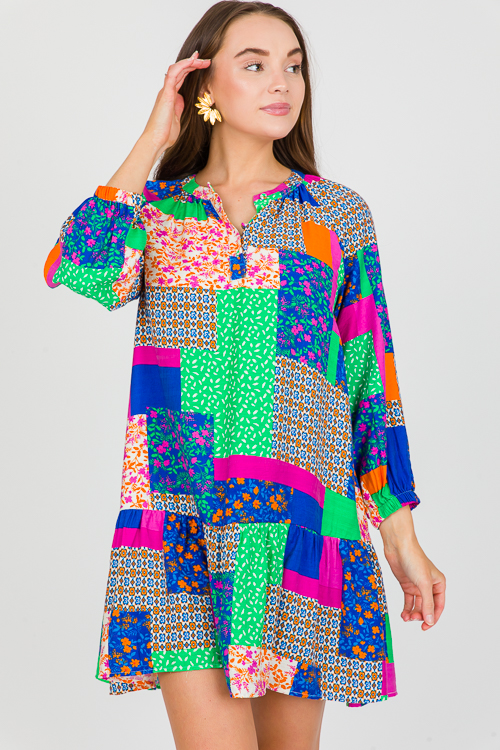 Patchwork Dress, Green/Orange/Blue - SALE - The Blue Door Boutique