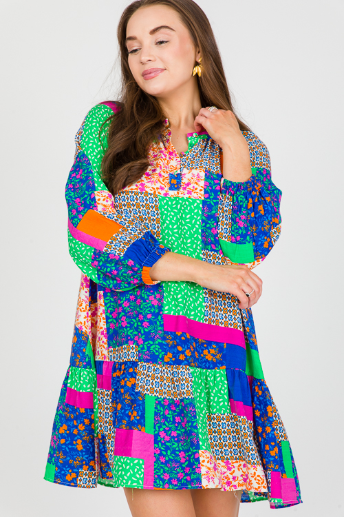 Patchwork Dress, Green/Orange/Blue - SALE - The Blue Door Boutique