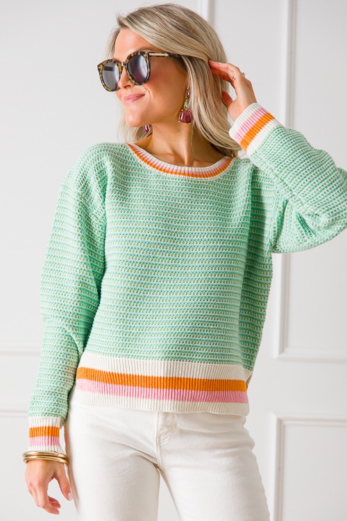 Stripe Trim Crochet Sweater, Green