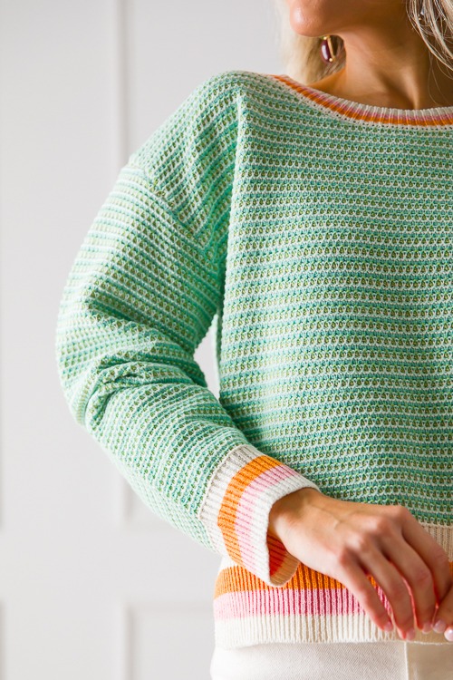 Stripe Trim Crochet Sweater, Green - 0307-209h.jpg