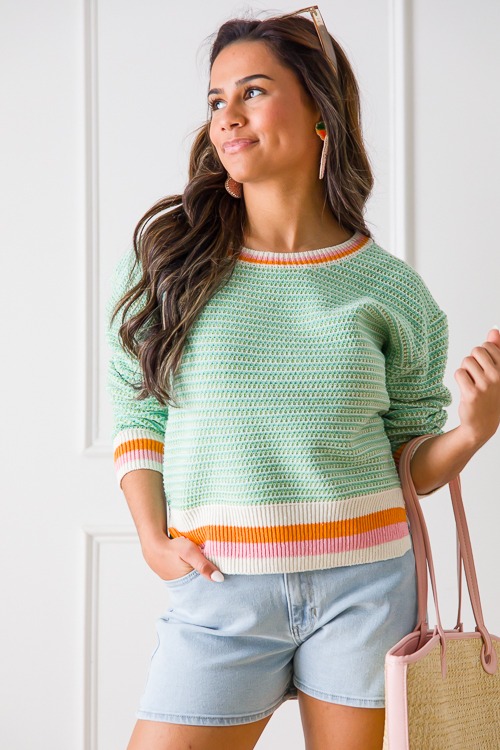 Stripe Trim Crochet Sweater, Green - 0307-210.jpg