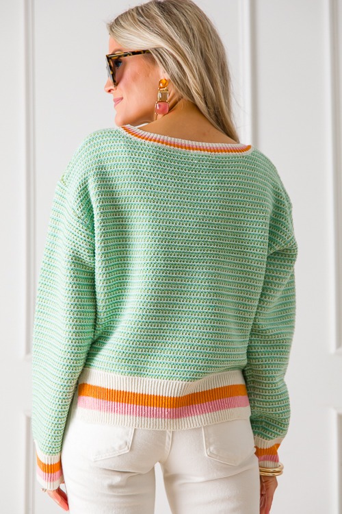 Stripe Trim Crochet Sweater, Green - 0307-214.jpg