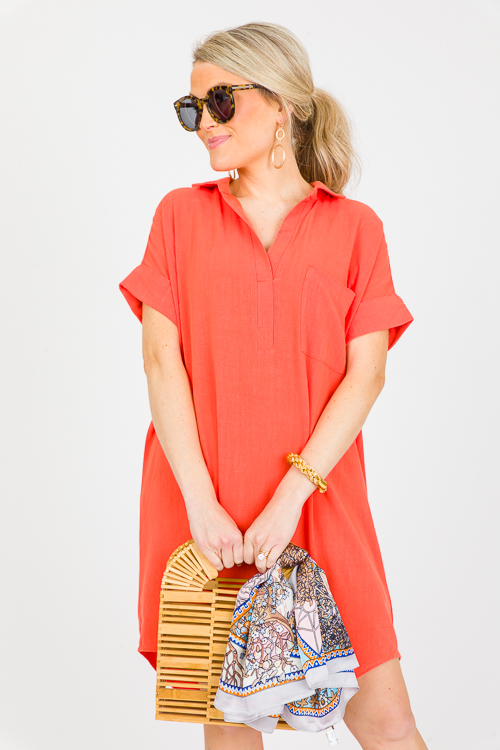 Agnes Linen Dress, Orange Coral