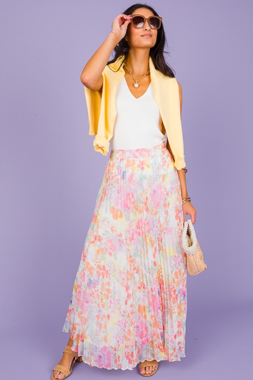 Floral Pleated Maxi Skirt, White