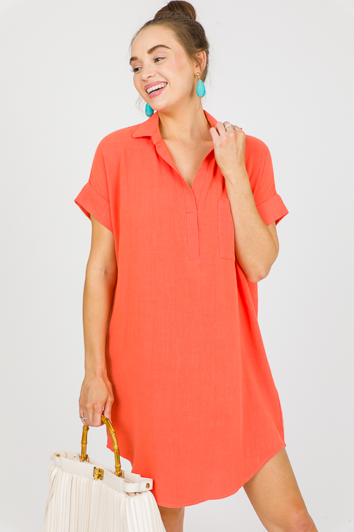 Agnes Linen Dress, Orange Coral