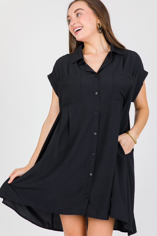 Pleat Detail Shirt Dress, Black