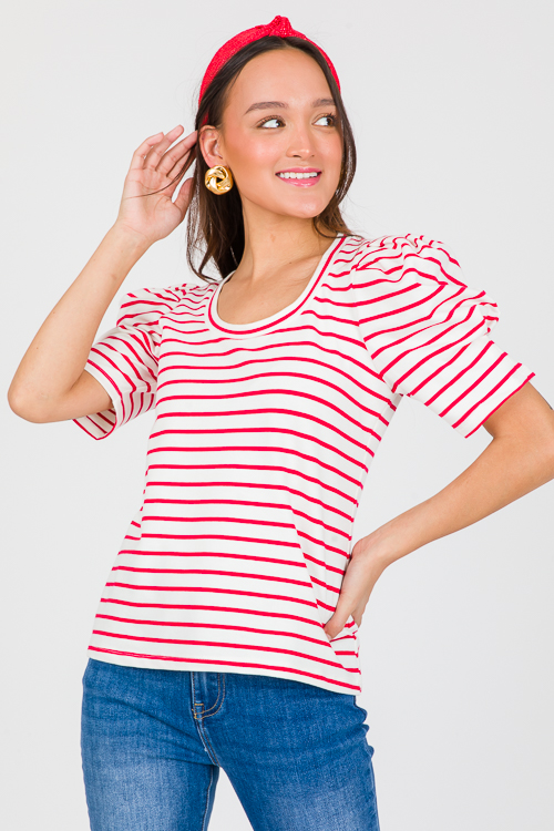 Puff Sleeve Stripe Top, White/Red