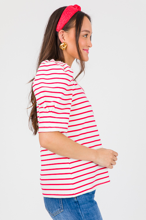 Puff Sleeve Stripe Top, White/Red