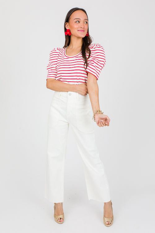 Puff Sleeve Stripe Top, White/Red