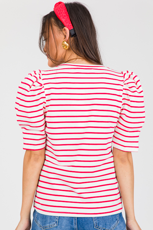 Puff Sleeve Stripe Top, White/Red