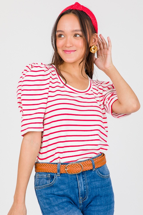 Puff Sleeve Stripe Top, White/Red