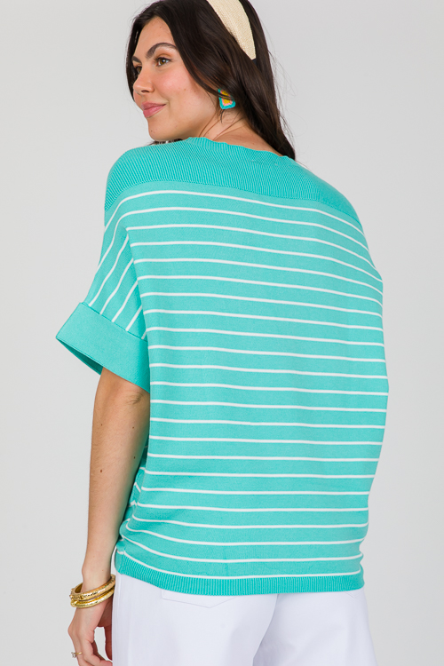 Cuffed Stripe Sweater, Aqua