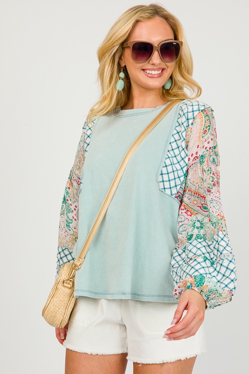 Patchwork Sleeve Knit Top, Sage - 0313-103p.jpg