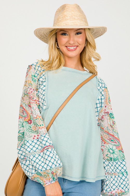 Patchwork Sleeve Knit Top, Sage - 0313-105.jpg