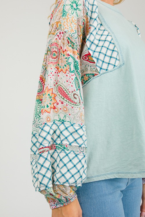 Patchwork Sleeve Knit Top, Sage - 0313-106.jpg