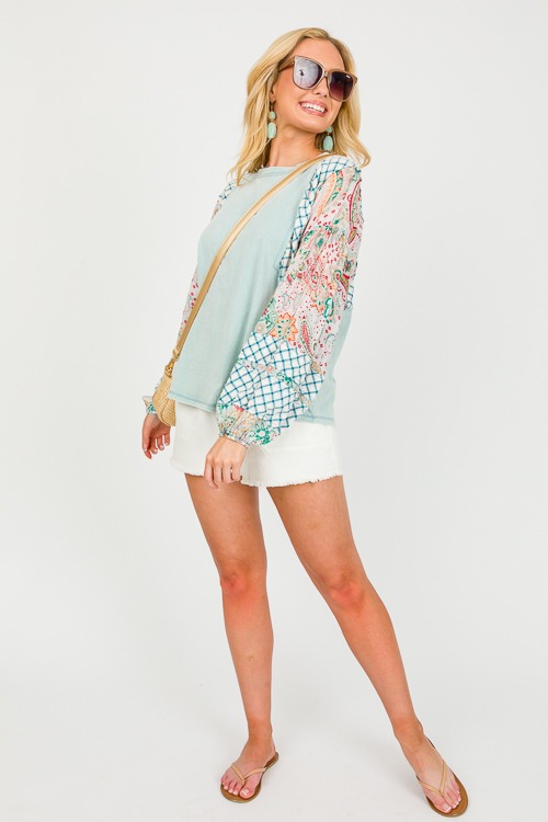 Patchwork Sleeve Knit Top, Sage - 0313-107.jpg