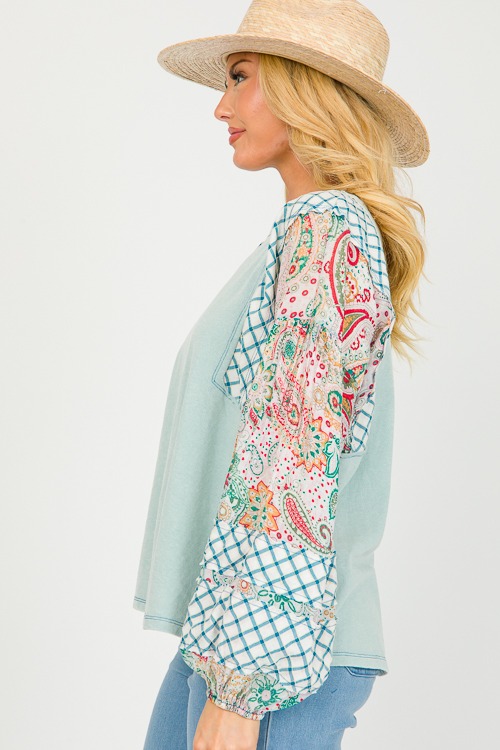 Patchwork Sleeve Knit Top, Sage - 0313-110.jpg