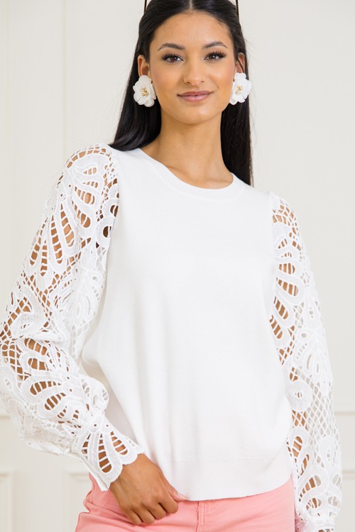 Broderie Sleeve Sweater, Cream