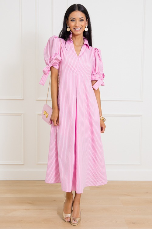 Bow Sleeve Pinstripe Maxi, Pink