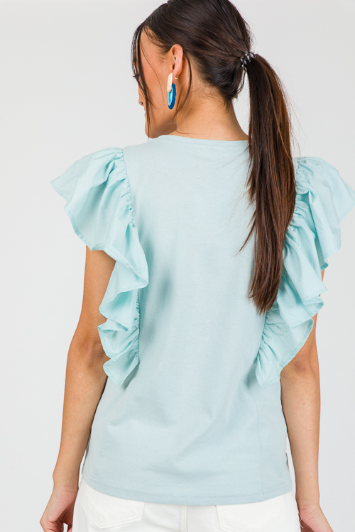 Poplin Ruffles Top, Dusty Sky