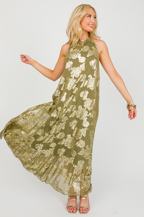 Metallic Floral Halter Maxi, Olive - 0313-51h.jpg