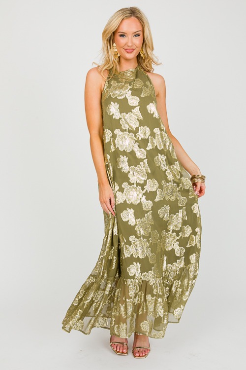 Metallic Floral Halter Maxi, Olive - 0313-53.jpg