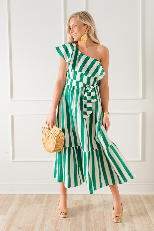 One Shoulder Stripe Midi, Green