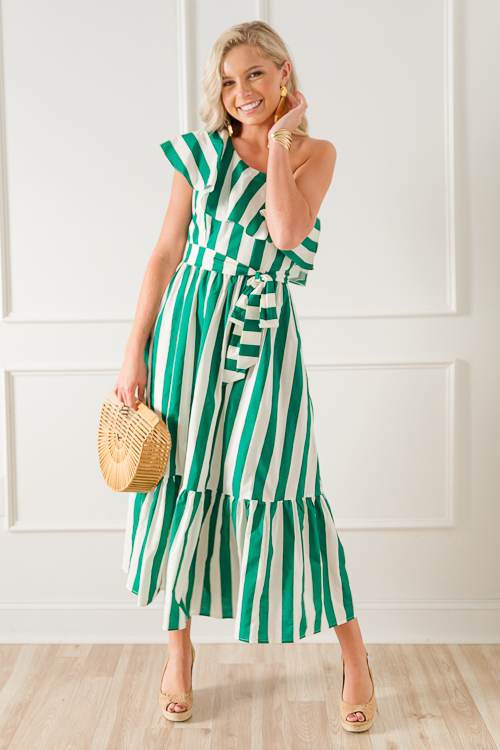 One Shoulder Stripe Midi, Green