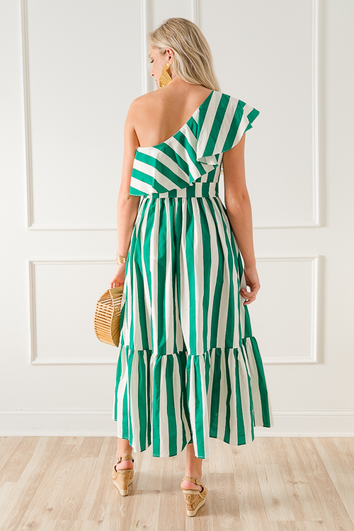 One Shoulder Stripe Midi, Green