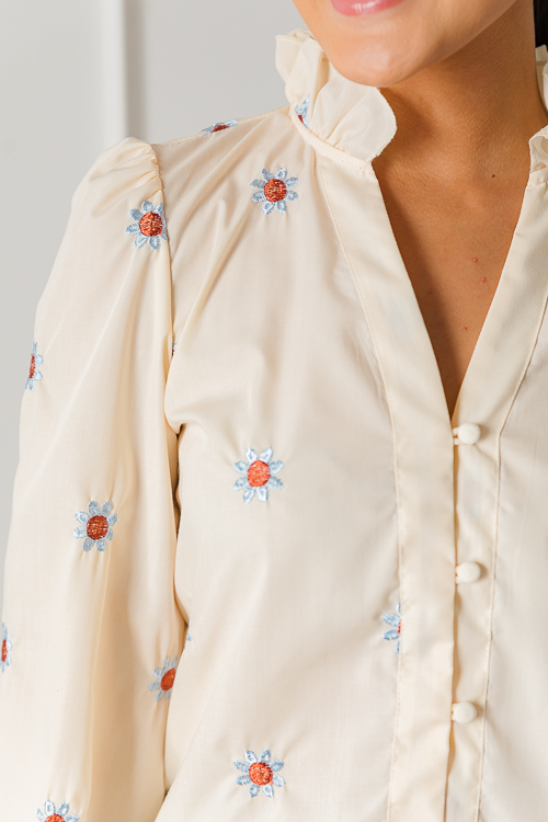 Floral Embroidered Button Top,